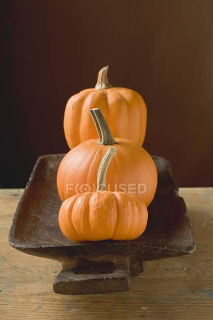 Citrouilles dans un plateau en bois — Photo de stock