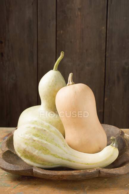 Fresh squashes in wooden bowl — Stock Photo