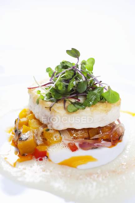 Sauteed Wahoo with Esacabeche of Pumpkin and Peppers and Lemon Emulsion — Stock Photo