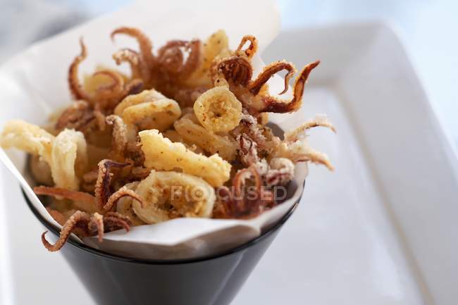 Primo piano vista del contenitore rivestito di carta riempito con calamari fritti — Foto stock