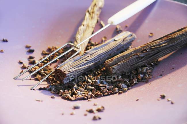 Крупним планом вид какао-ніб з виделкою та дерев'яними паличками — стокове фото