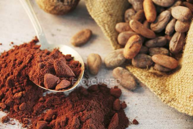 Roasted cocoa beans in jute sack — Stock Photo