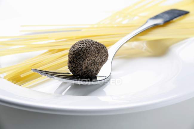 Черный трюфель и сырые спагетти — стоковое фото