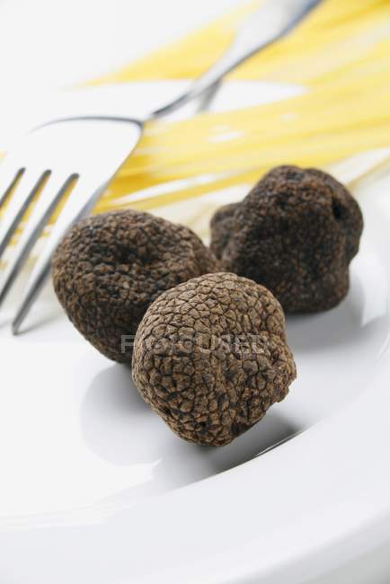Black truffles and spaghetti — Stock Photo