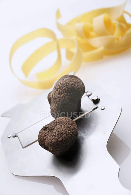 Truffes noires sur trancheuse de truffe — Photo de stock