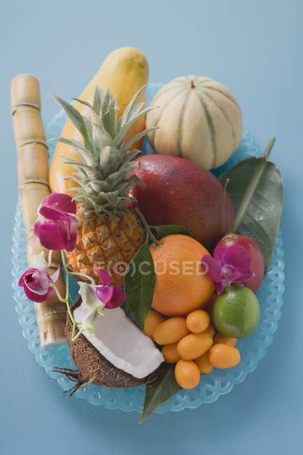 Вид сверху на экзотические фрукты в стеклянной тарелке — стоковое фото