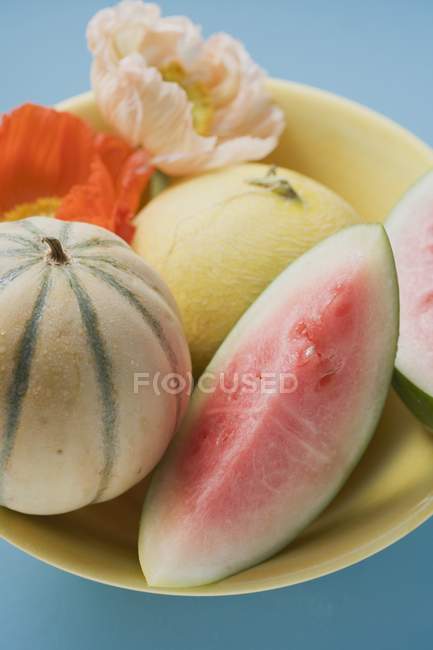 Melões maduros frescos com flores — Fotografia de Stock