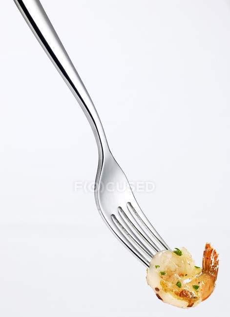 Closeup view of one prawn with herb on fork — Stock Photo