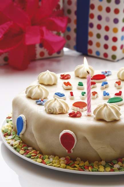 Birthday cake with marzipan-covered — Stock Photo