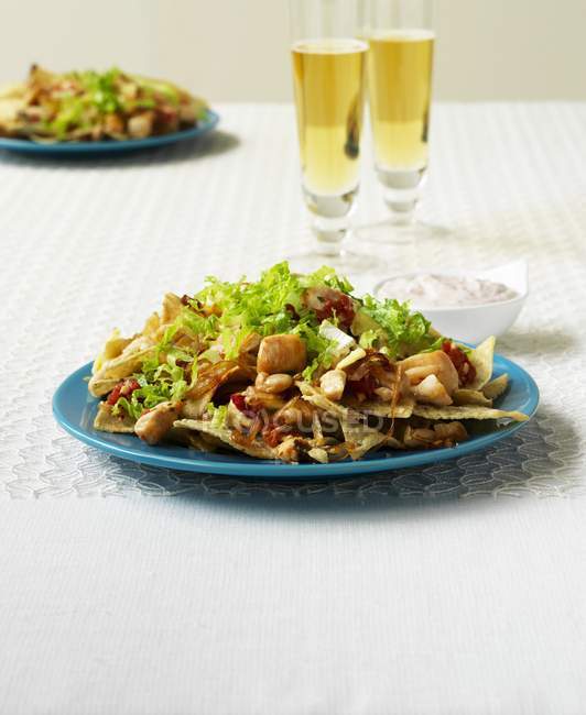 Nachos with chicken and frisee — Stock Photo