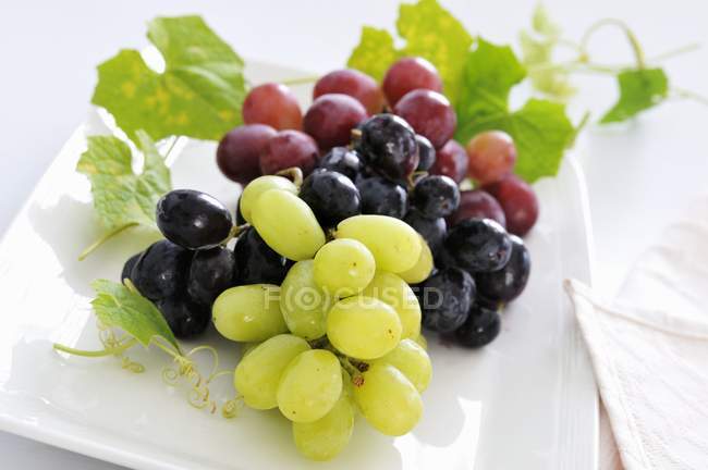 Uvas verdes e vermelhas com folhas — Fotografia de Stock