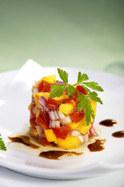 Salsa de tomates à la mangue fraîche sur assiette blanche — Photo de stock