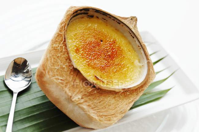 Closeup view of Creme brulee in coconut shell — Stock Photo