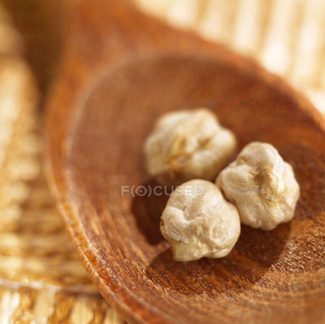 Three chick-peas on a wooden spoon — Stock Photo