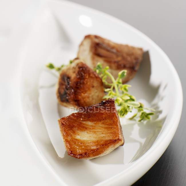 Primo piano vista di pezzi di tacchino fritto con erba in piatto bianco — Foto stock