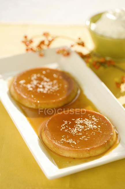 Closeup view of two flans on platter — Stock Photo