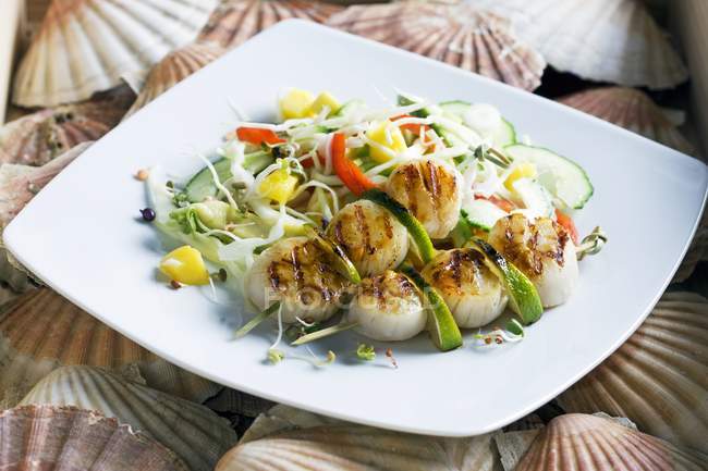 Pétoncles grillés sur salade — Photo de stock