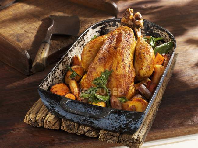 Roasted chicken with root vegetables — Stock Photo