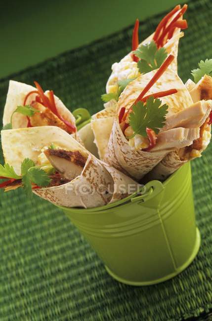 Vue rapprochée des enveloppements de poulet avec lanières de poivre et coriandre — Photo de stock