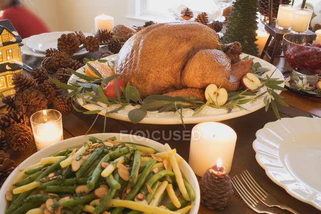 Beans with almonds and roasted turkey — Stock Photo