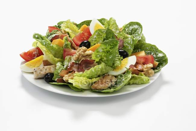 Роменский салат с яйцом, оливками, курицей и орехами на белой тарелке — стоковое фото