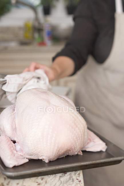 Mão humana tocando Turquia cru — Fotografia de Stock