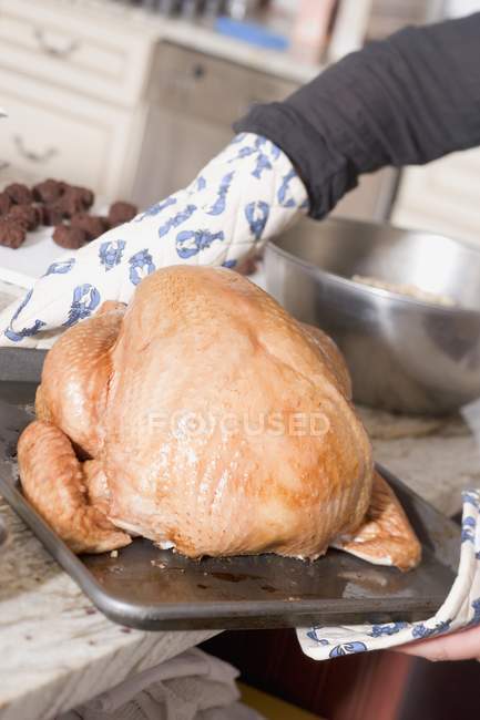 Carrying stuffed turkey to oven — Stock Photo
