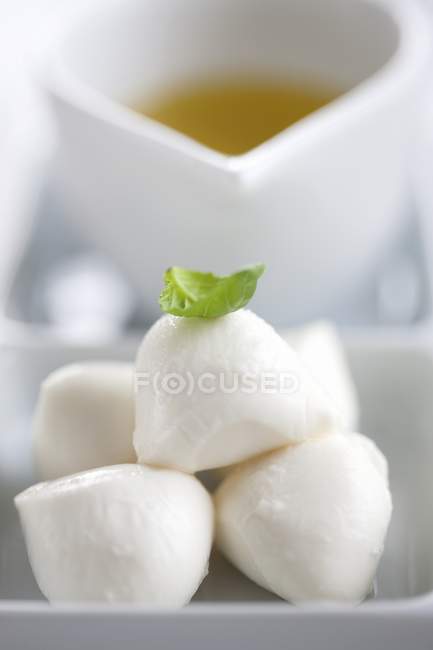 Palline di mozzarella con foglia di basilico — Foto stock