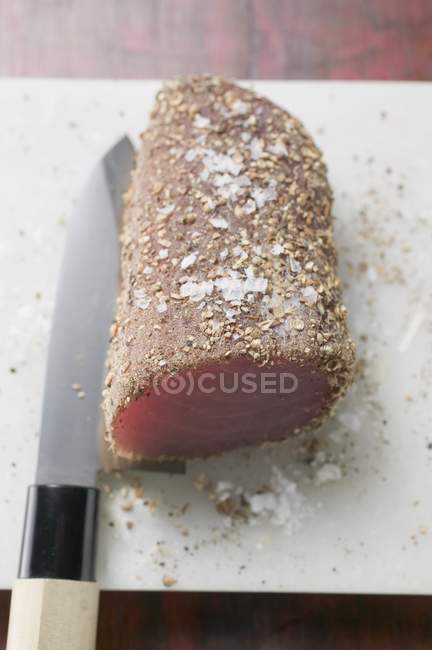 Сырое филе тунца с солью — стоковое фото