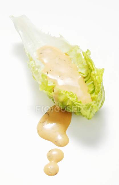 Lettuce leaf with dressing — Stock Photo