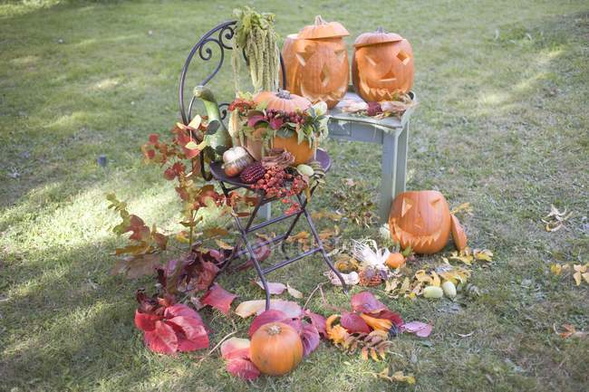 Прикраса саду з гарбузами — стокове фото