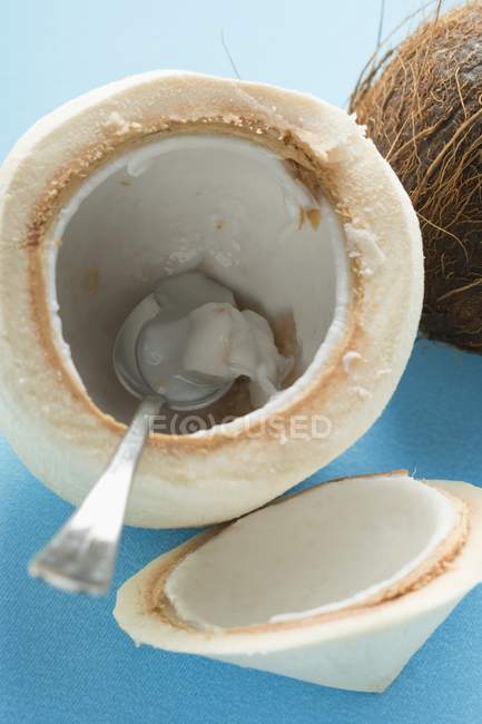 Décortiqué et creusé noix de coco — Photo de stock