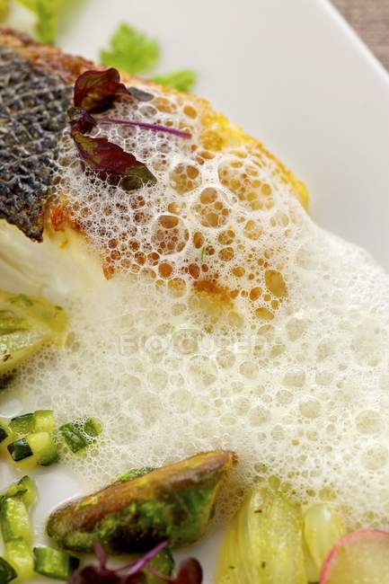 Смажений морський бас з весняними овочами — стокове фото