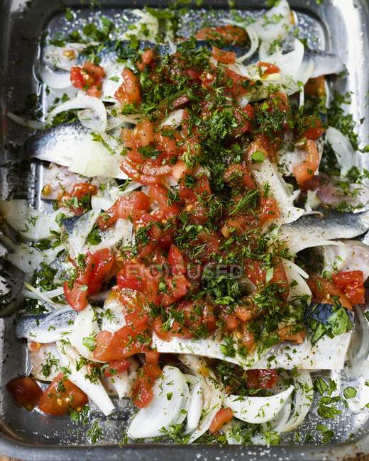 Tomato herrings on metal baking tray — Stock Photo