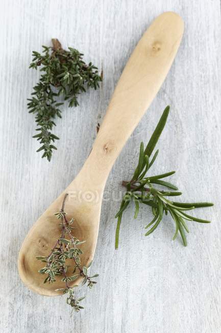 Rosemary and thyme with wooden spoon — Stock Photo