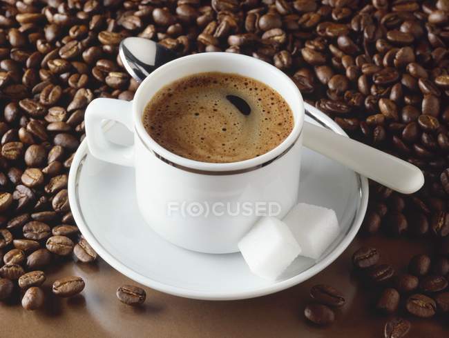 Tazza di caffè espresso e chicchi di caffè — Foto stock