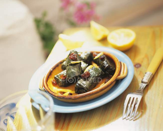 Closeup view of stuffed vine leaves with lemon wedges — Stock Photo