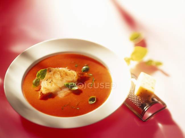 Tomato soup with cheese on toast — Stock Photo
