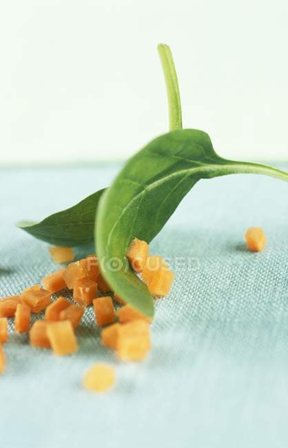 Dés de carotte et feuilles d'épinards frais — Photo de stock