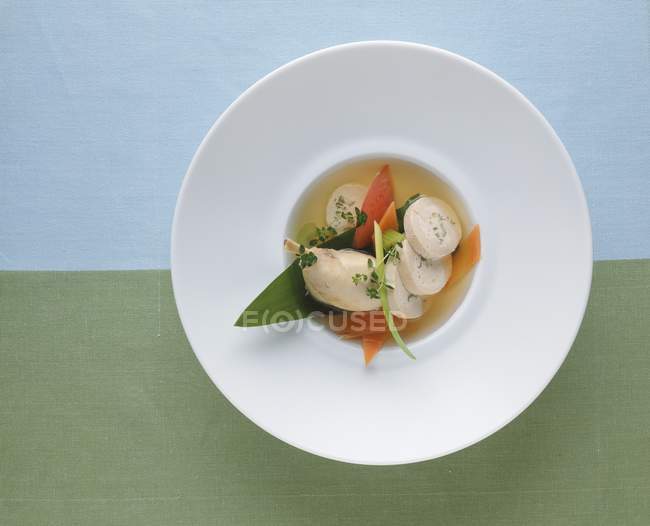 Куряче рагу з фаршированим курячим рулетом та овочами на білій тарілці — стокове фото