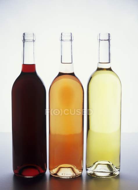 Botellas de vino tinto con rosa y vino blanco - foto de stock