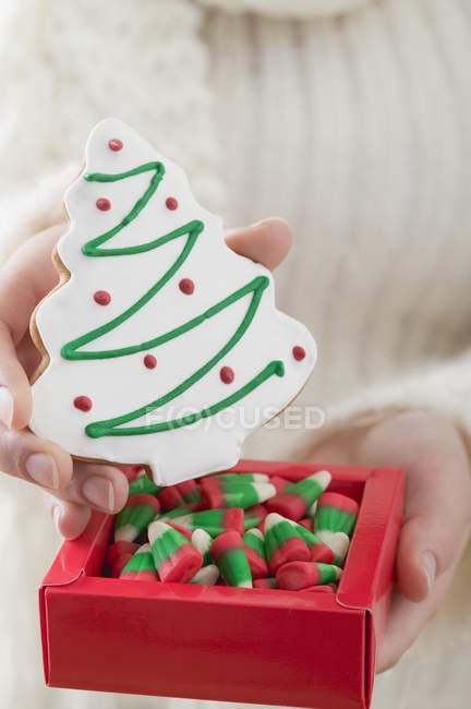 Woman holding biscuit — Stock Photo