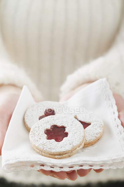 Jam biscuits on napkin — Stock Photo
