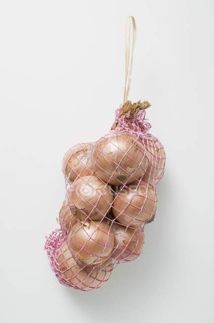 Brown onions in net — Stock Photo