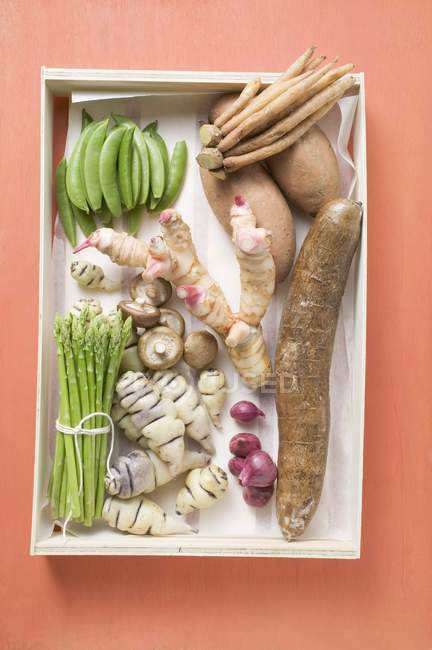 Вид зверху різних видів овочів, калгану і гриби в коробці — стокове фото