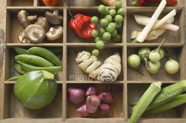 Draufsicht auf verschiedene Gemüsesorten, Gewürze und Pilze im Holzkoffer — Stockfoto