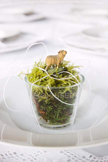 Nahaufnahme von Glas aus Moos mit Osterlamm auf Teller — Stockfoto
