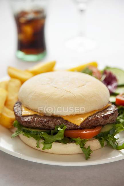 Cheeseburger avec salade et frites de pommes de terre — Photo de stock