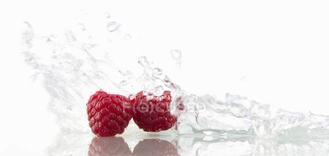 Raspberries with splashing water — Stock Photo