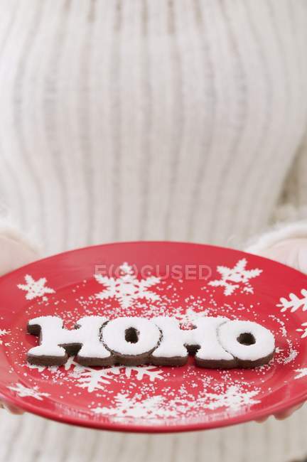 Closeup cropped view of person holding festive plate with the word hoho — Stock Photo